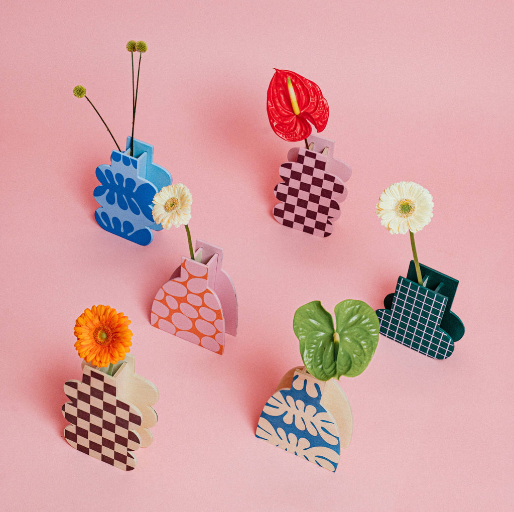 Decorative Wooden Vase | Pink Checkmate
