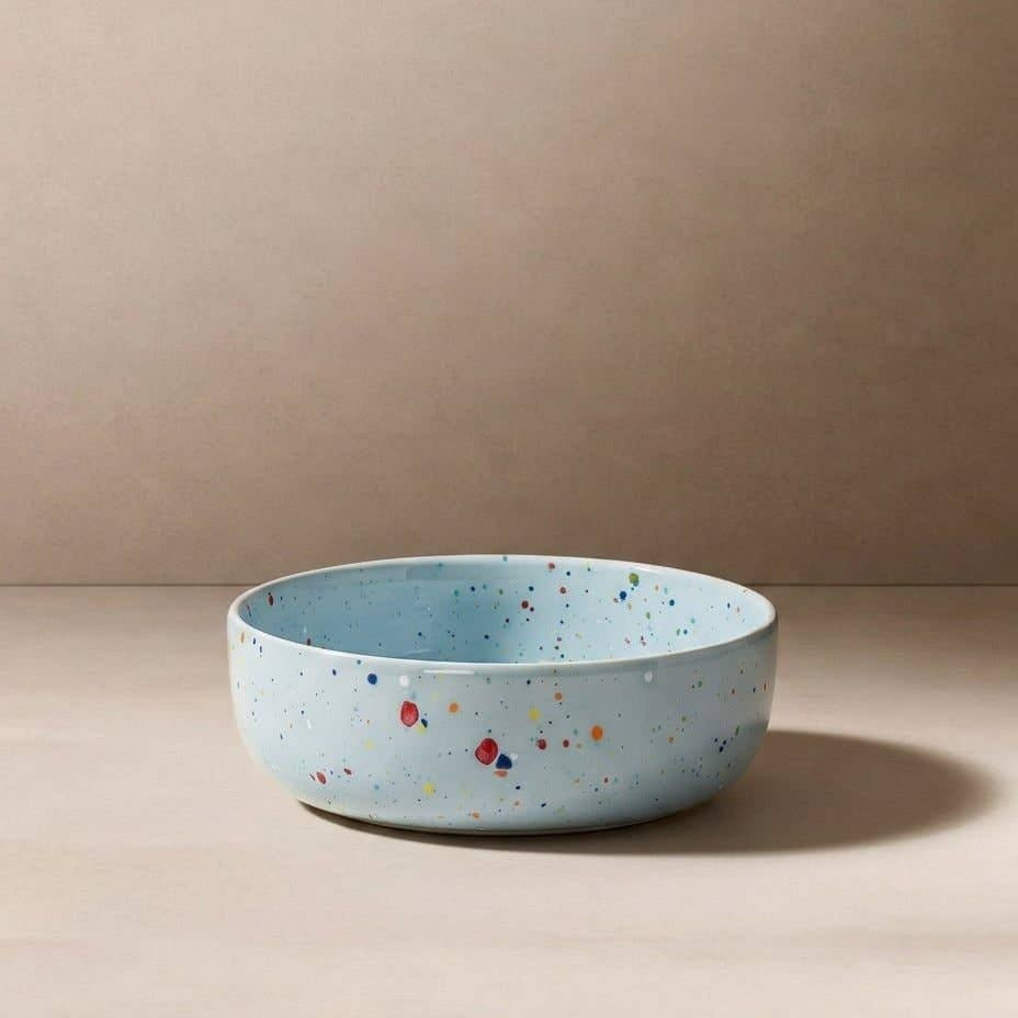 Speckled blue ceramic bowl on a beige background