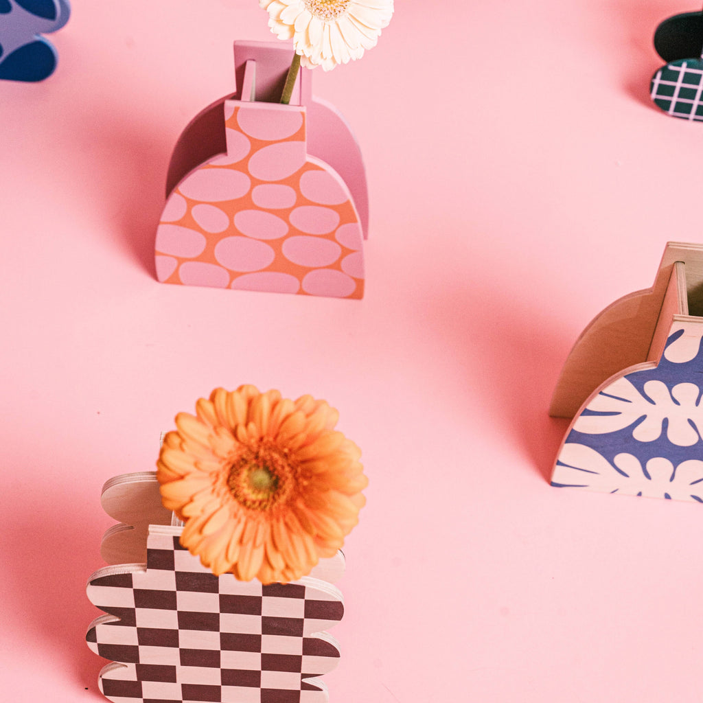 Decorative Wooden Vase | Burgundy Checkmate