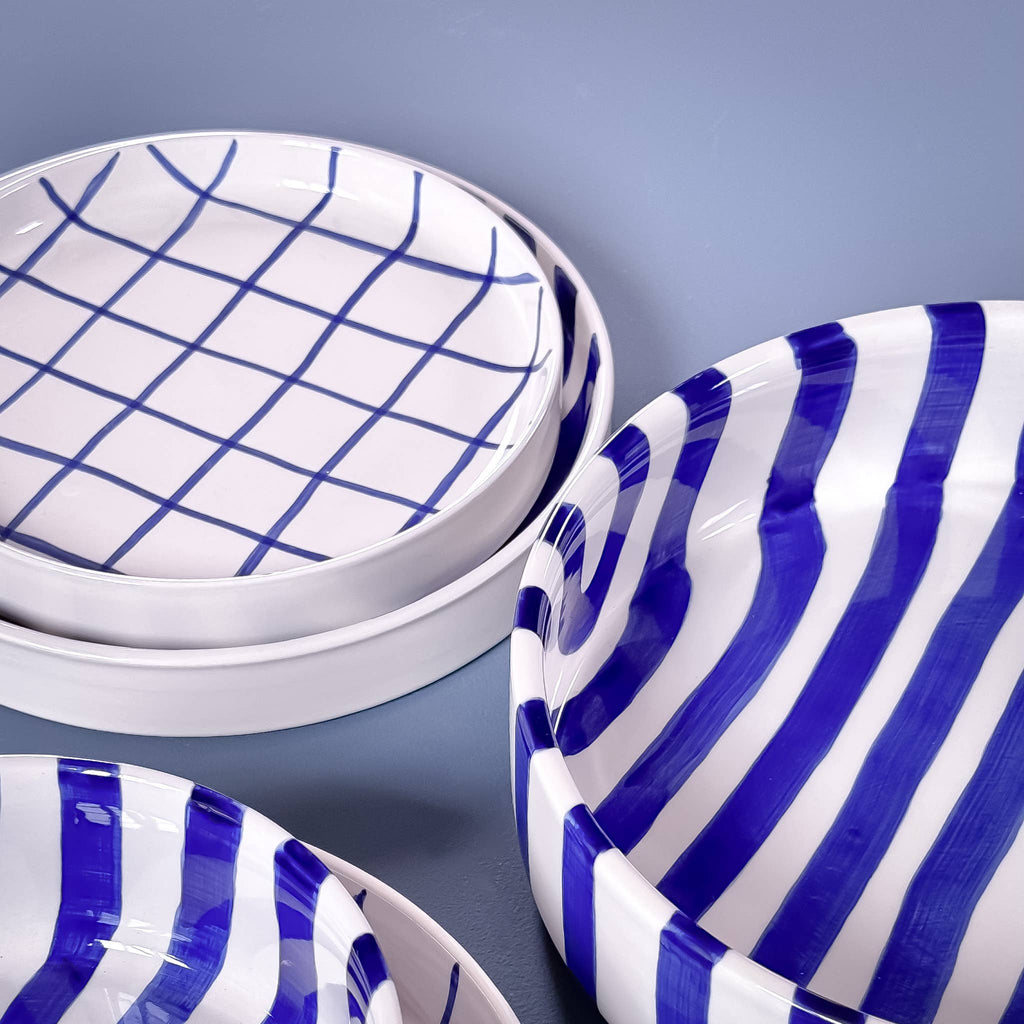 Handmade Ceramic Serving Bowl | Blue Stripes | 22.5 cm