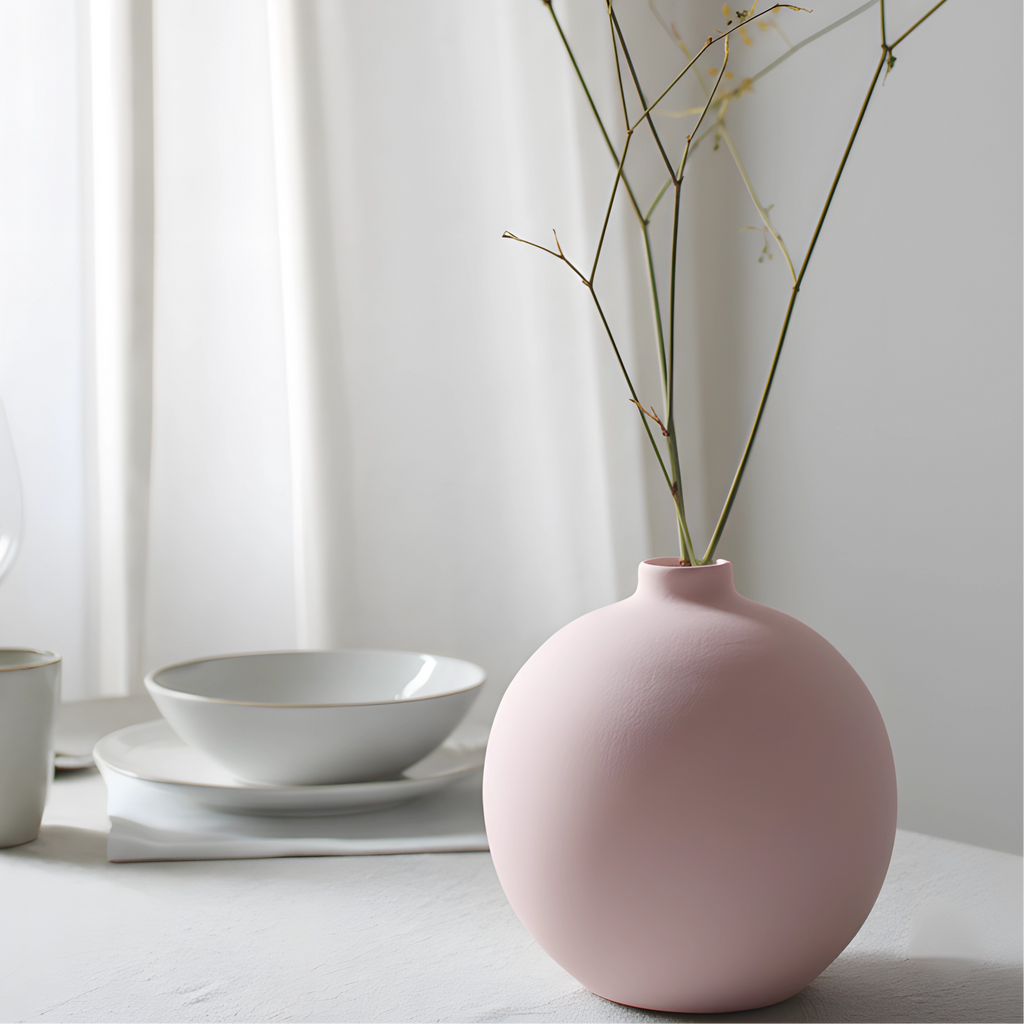 Pink vase with dried branches on a white surface with a light gray curtain background