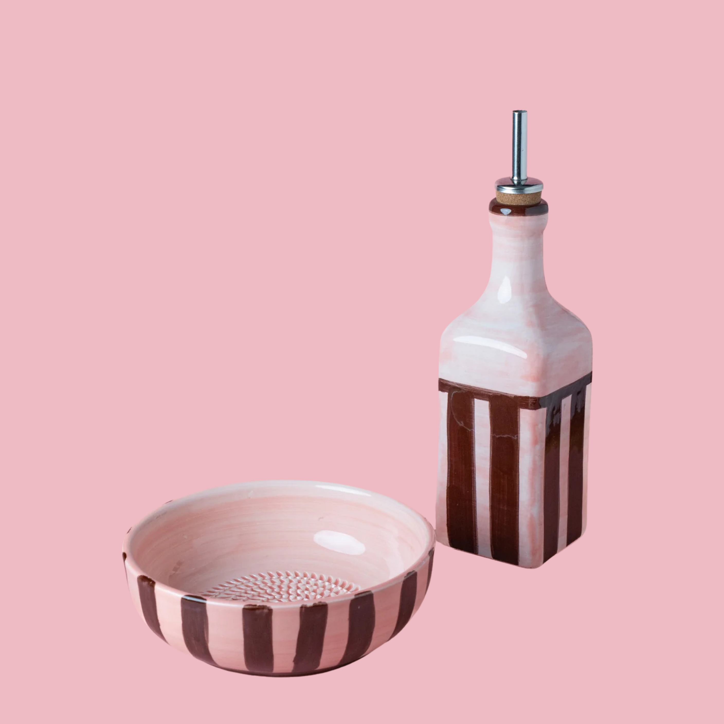 DUO SET | Handmade Ceramic Oil Dispenser & Grater Plate | Chocolate