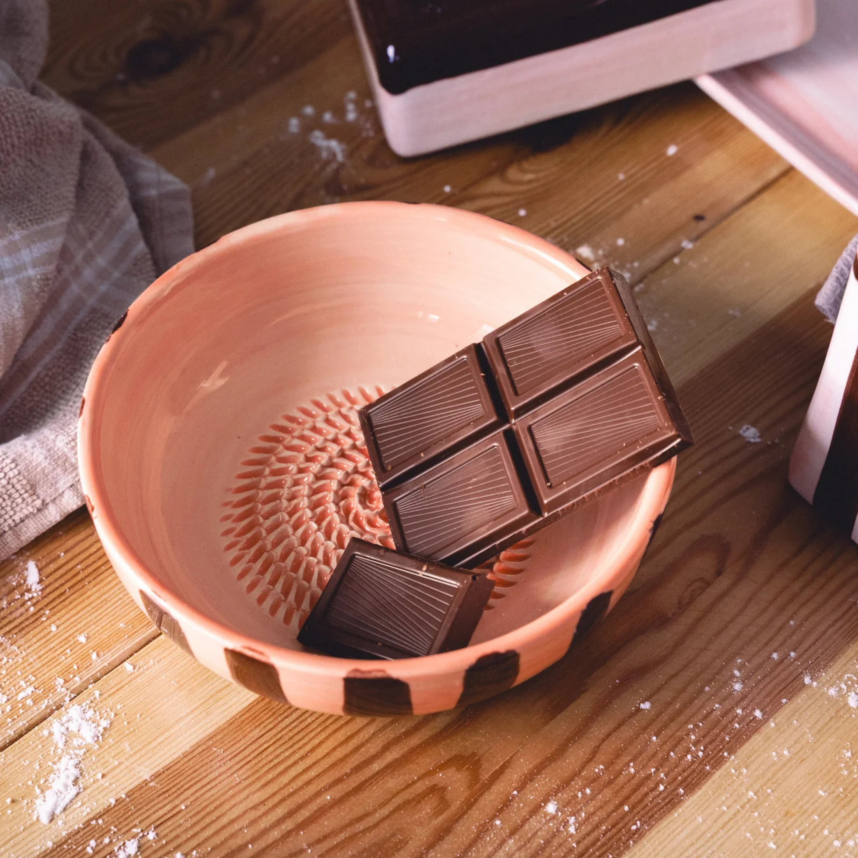 DUO SET | Handmade Ceramic Oil Dispenser & Grater Plate | Chocolate