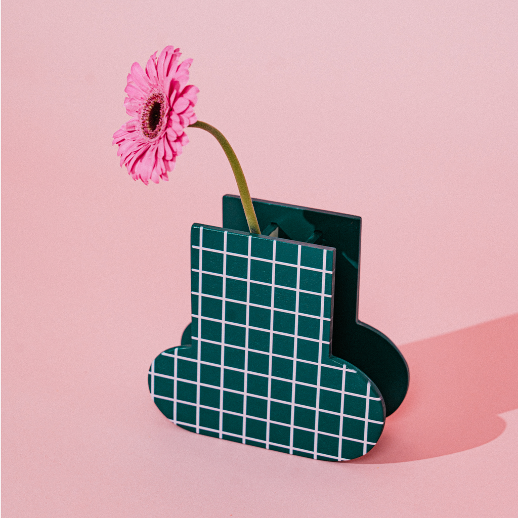 Decorative Wooden Vase | Green Grid