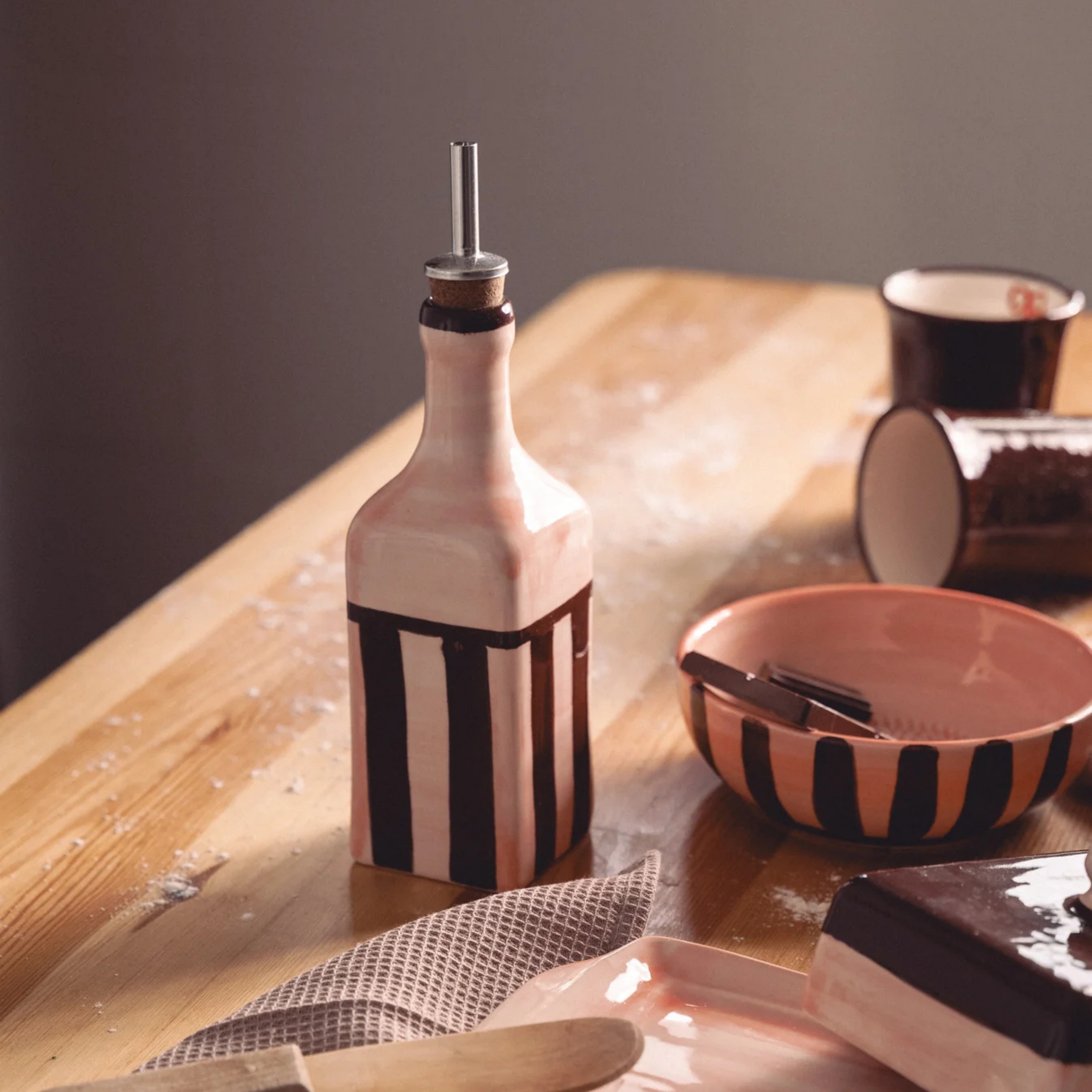 DUO SET | Handmade Ceramic Oil Dispenser & Grater Plate | Chocolate