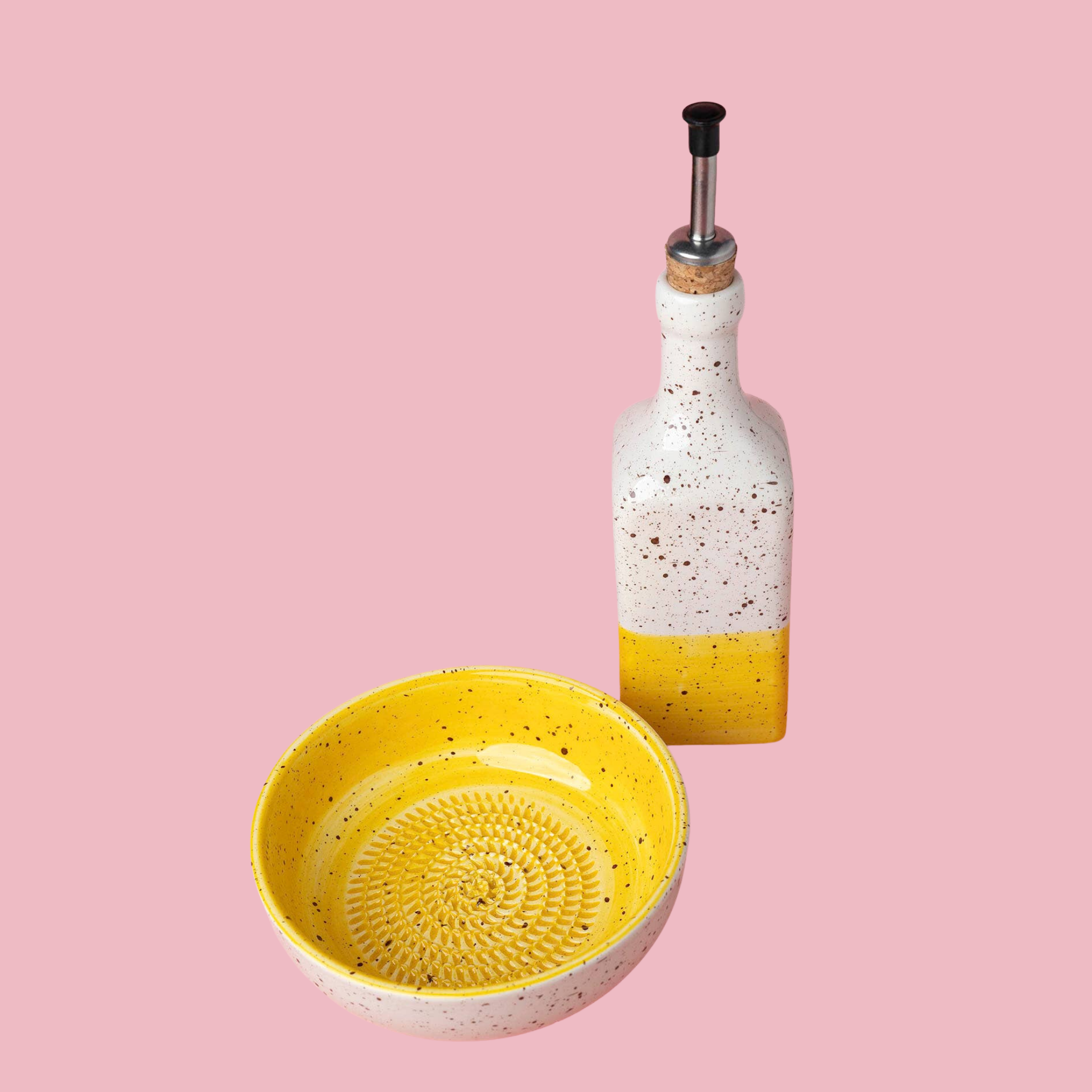 DUO SET | Handmade Ceramic Oil Dispenser & Grater Plate | Yellow Freckles