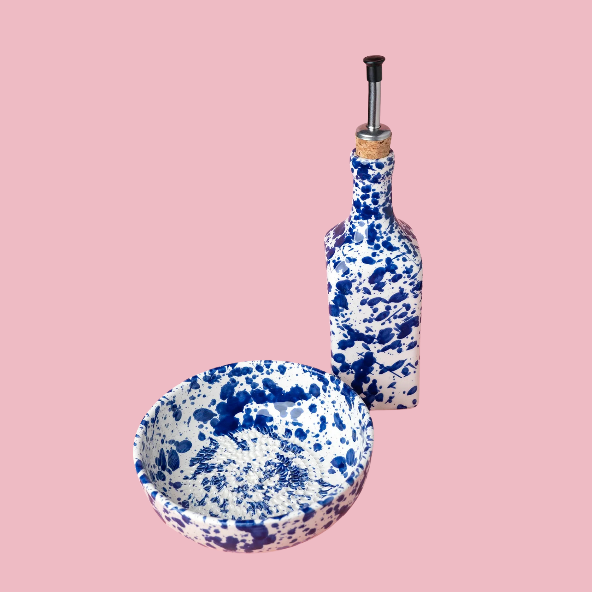 DUO SET | Handmade Ceramic Oil Dispenser & Grater Plate | Blue Sea