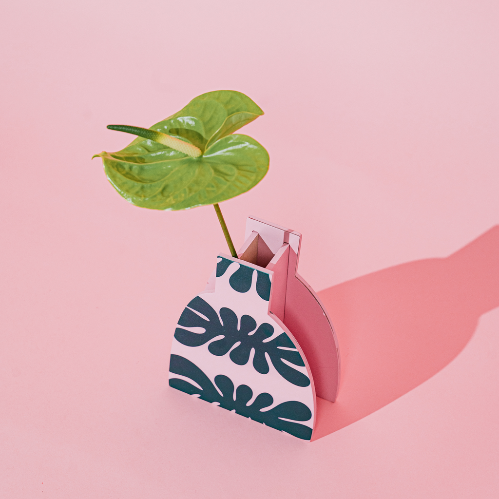 Decorative Wooden Vase | Pink Monstera