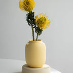 Yellow vase with yellow flowers on a white surface and light gray background