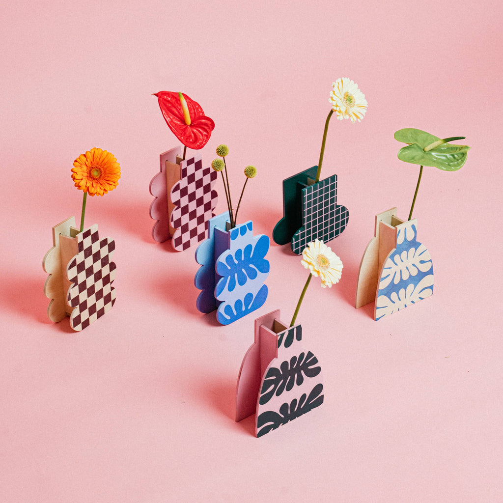 Decorative Wooden Vase | Pink Monstera