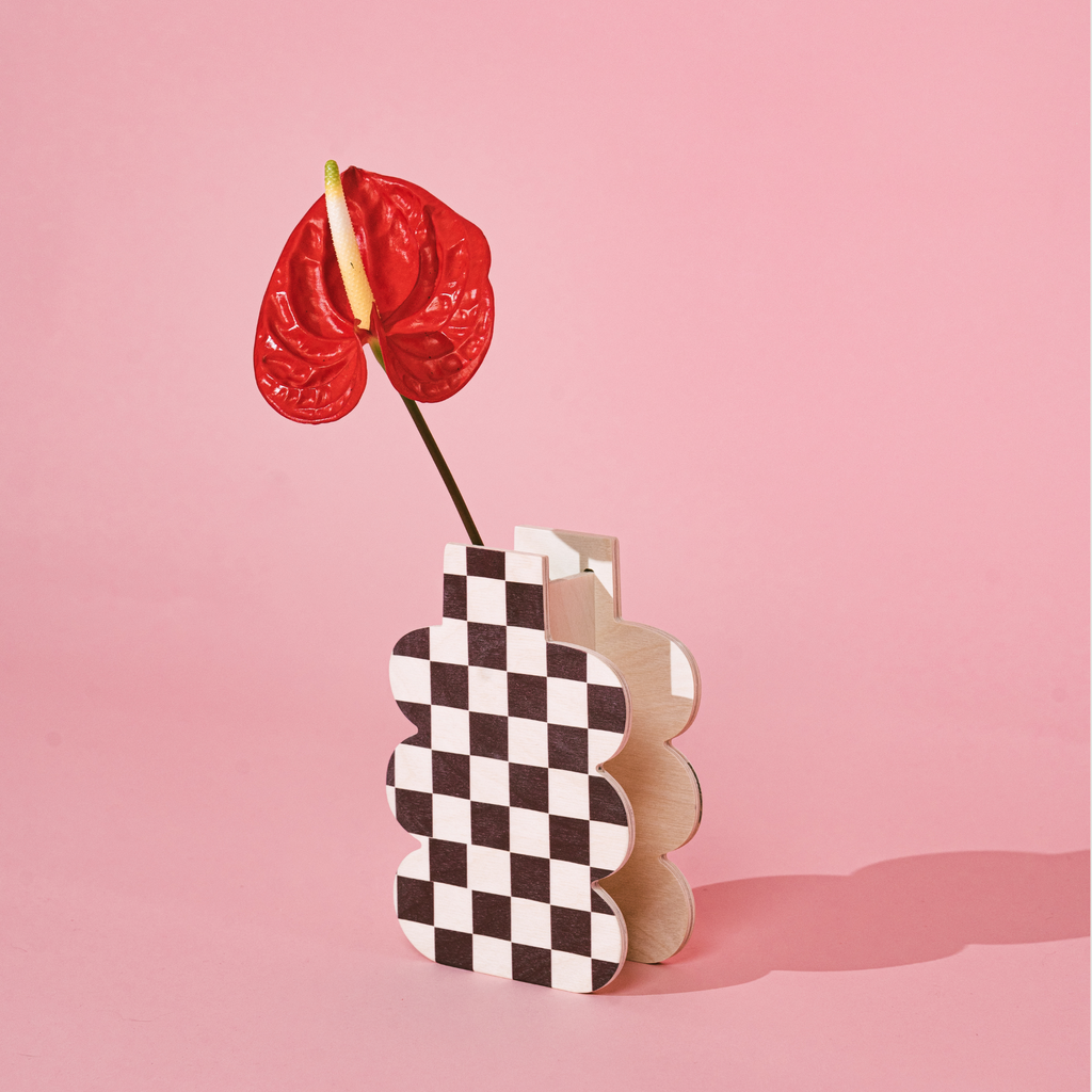 Decorative Wooden Vase | Burgundy Checkmate