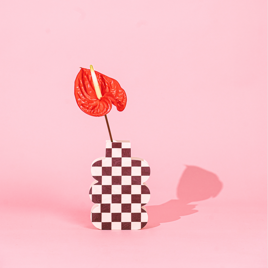 Decorative Wooden Vase | Burgundy Checkmate