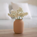 Small terracotta vase with white flowers on a wooden surface