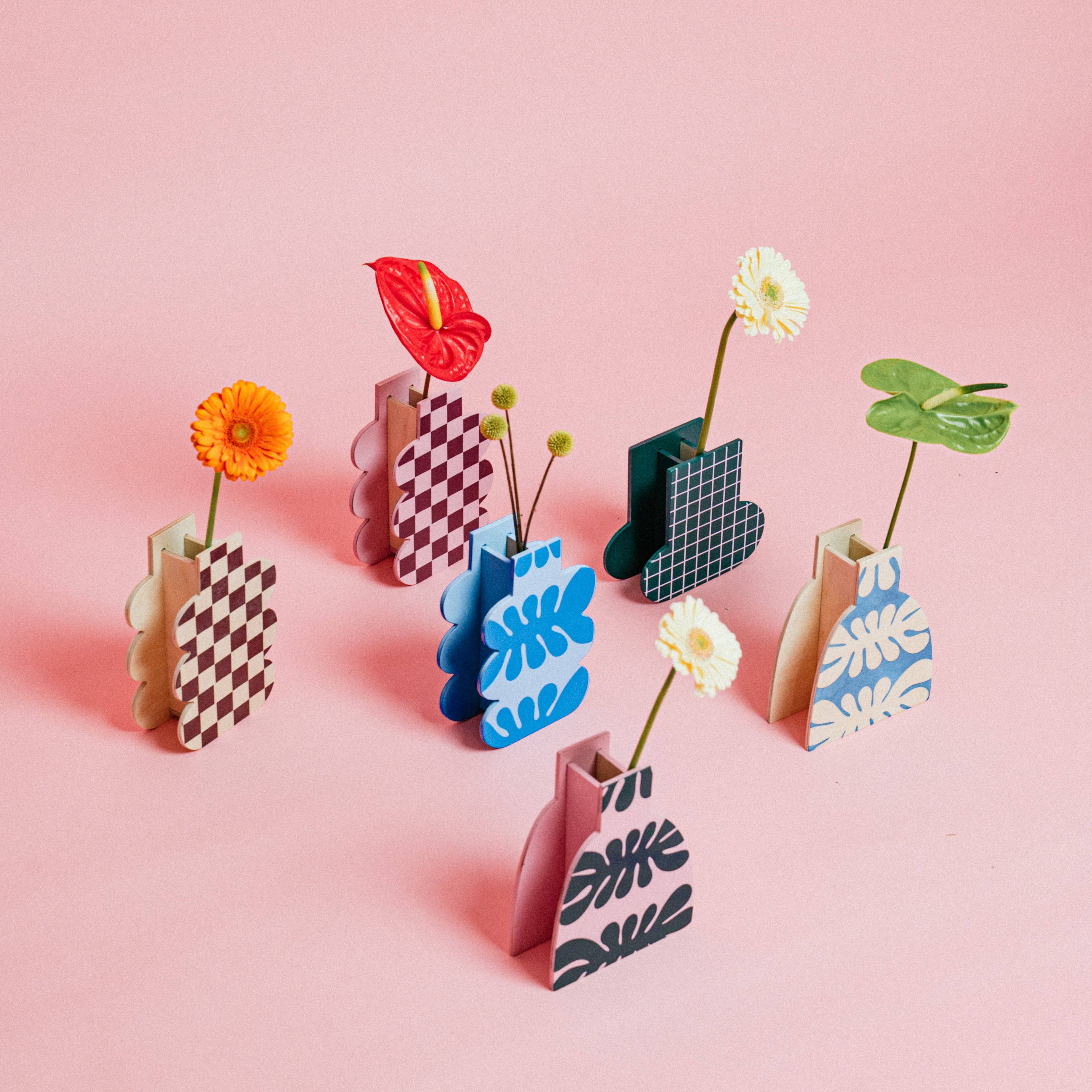 Decorative Wooden Vase | Green Grid