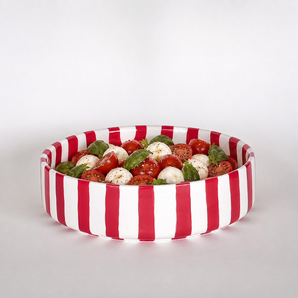 Handmade Ceramic Serving Bowl | Tomato Red Stripes | 22.5 cm