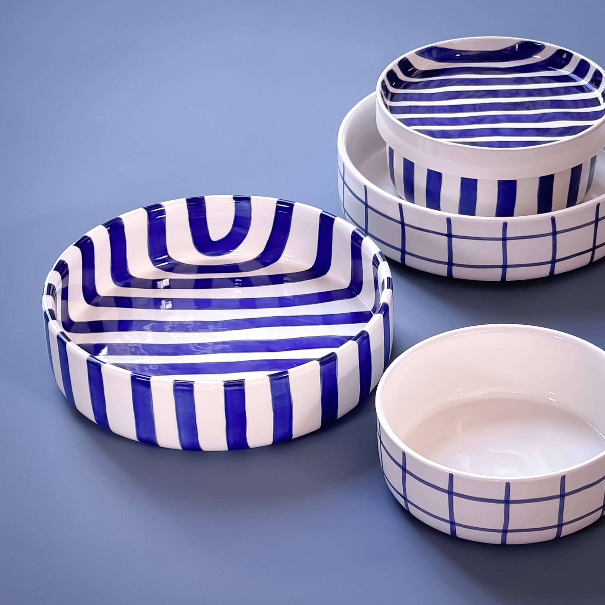 Handmade Ceramic Serving Bowl | Blue Stripes | 22.5 cm