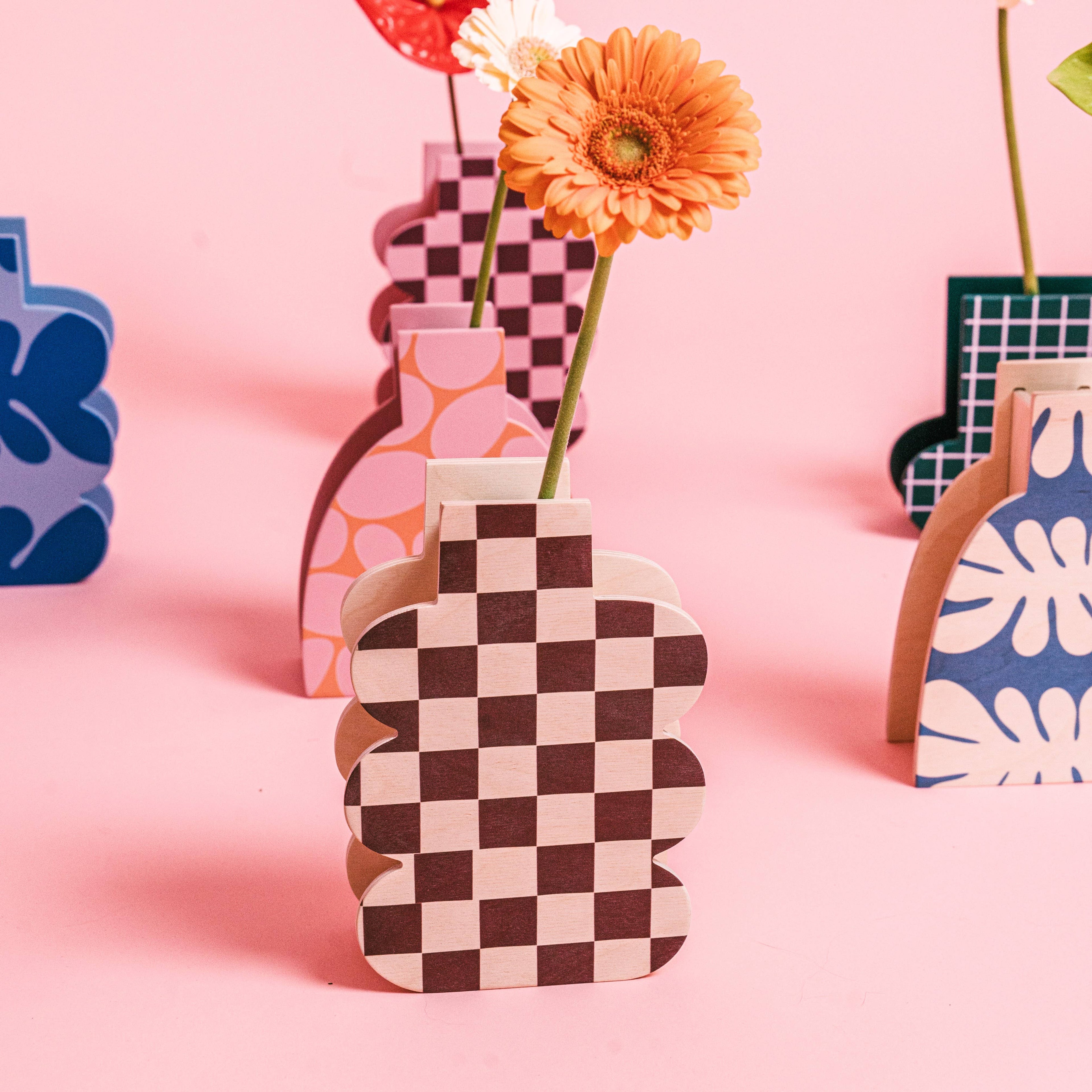 Decorative Wooden Vase | Burgundy Checkmate