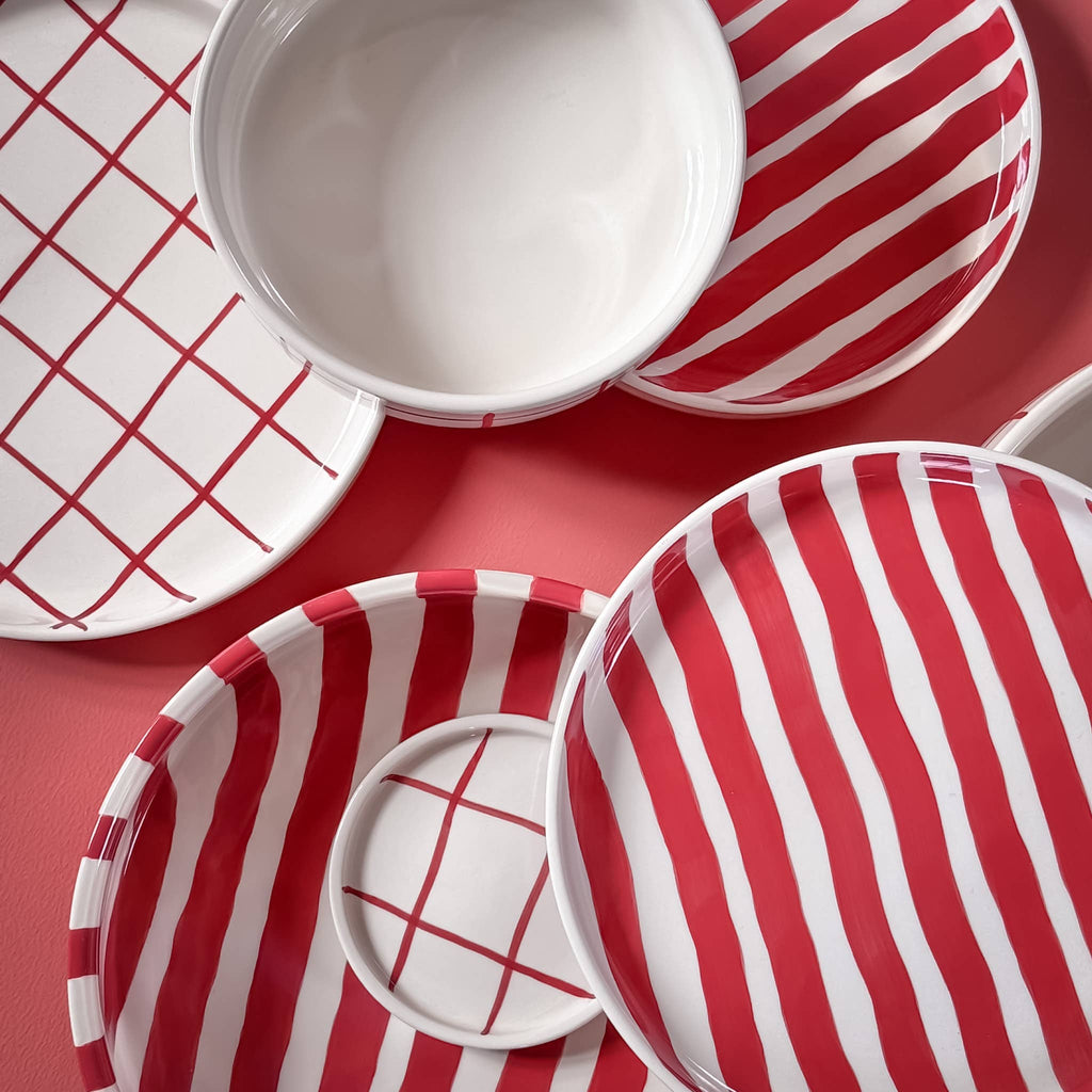 Handmade Ceramic Serving Bowl | Tomato Red Stripes | 22.5 cm