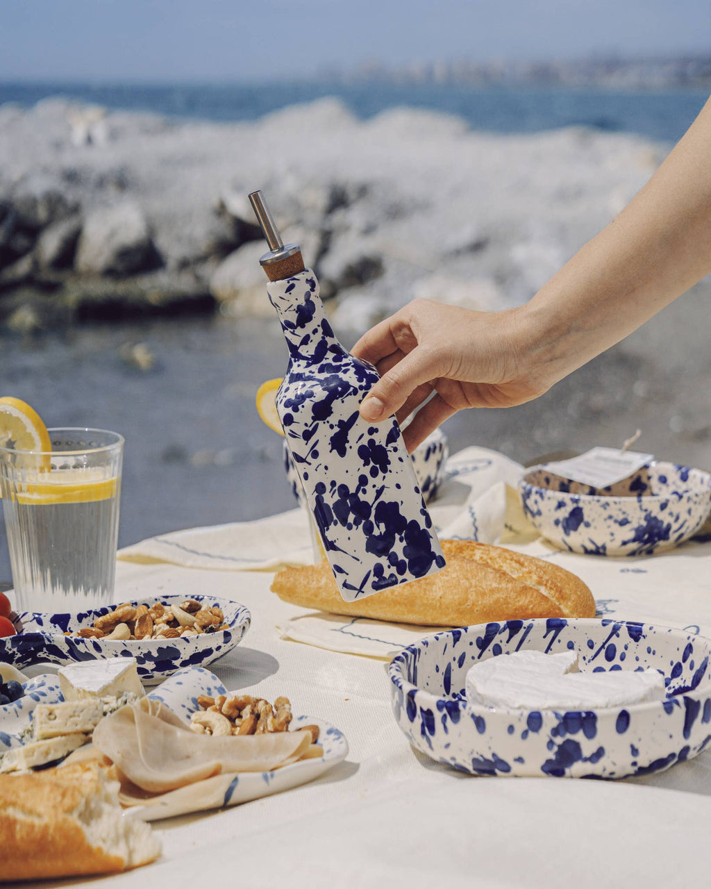 DUO SET | Handmade Ceramic Oil Dispenser & Grater Plate | Blue Sea